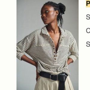 Pilcro Spliced Henley Top / Sweater; Color: IVORY / BLACK STRIPE; Size Medium